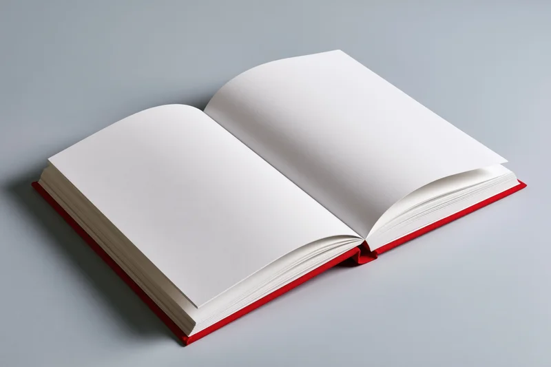 Open hardcover book with blank white pages lying flat on gray surface