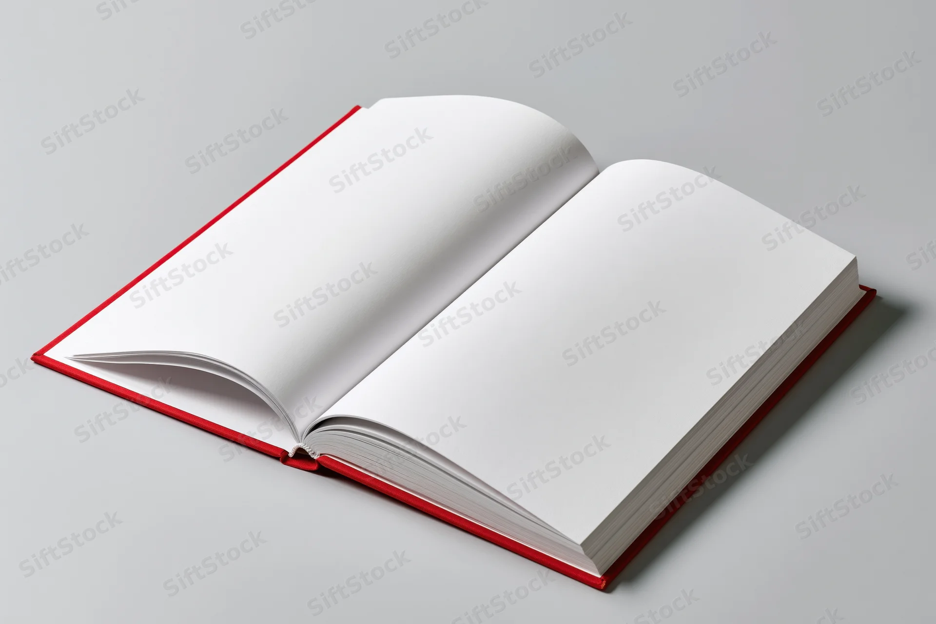 Open hardcover book with blank white pages lying flat on gray surface
