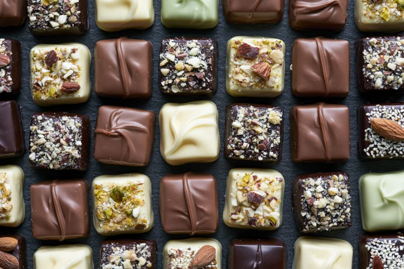 Assorted artisan chocolates and pralines arranged in neat rows on dark surface