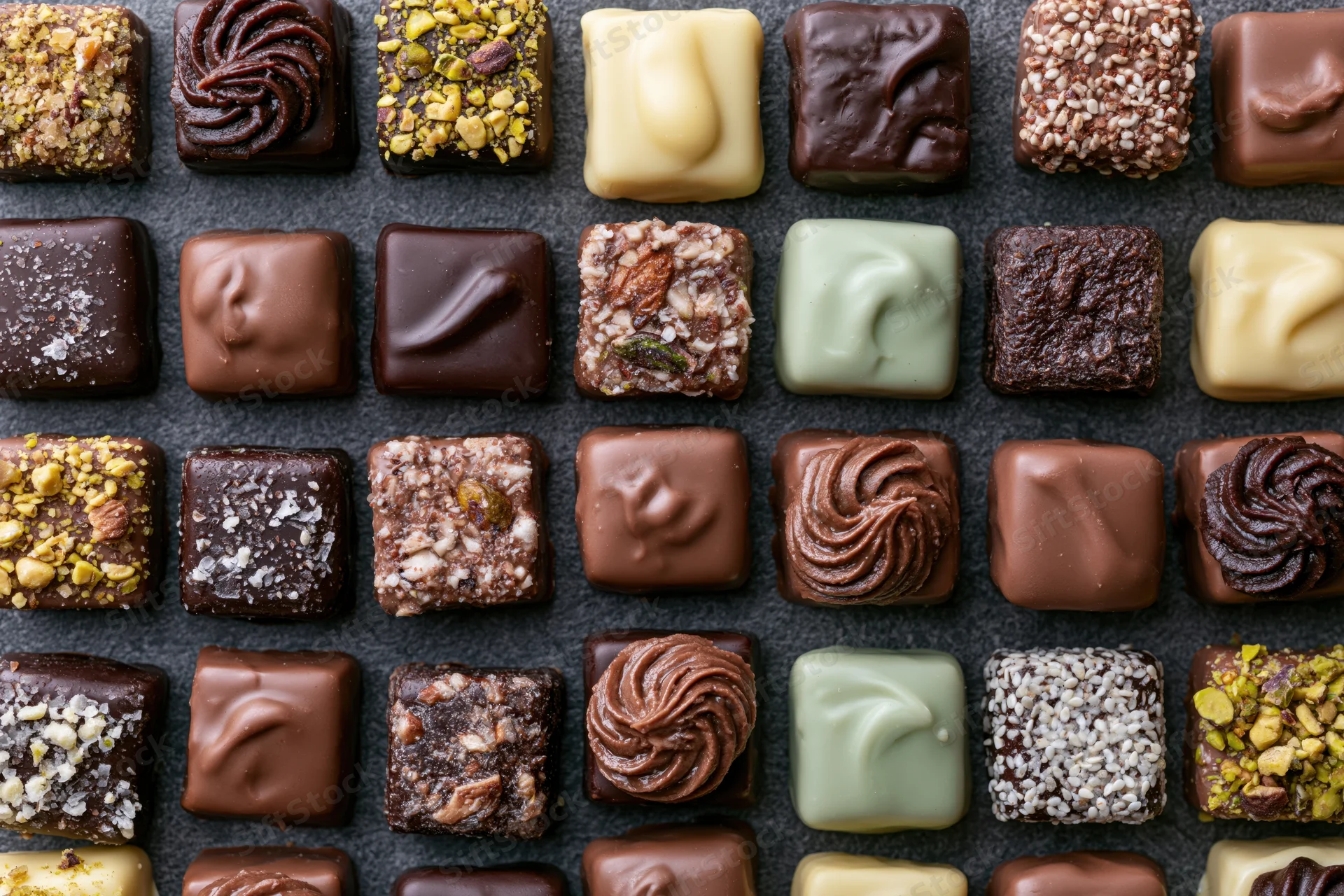 Assorted artisan chocolates and pralines arranged in neat rows on dark surface