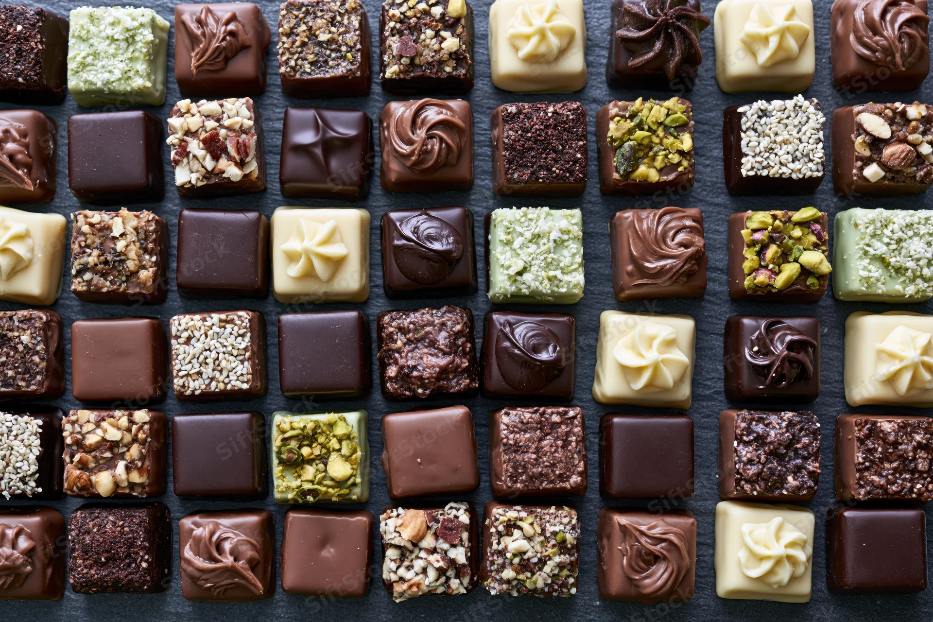 Assorted artisan chocolates and pralines arranged in neat rows on dark surface