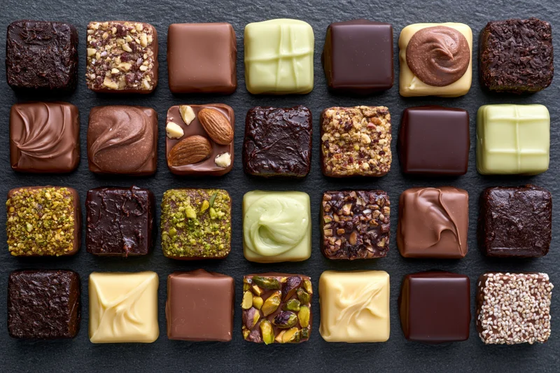 Assorted artisan chocolates and pralines arranged in neat grid on dark slate surface