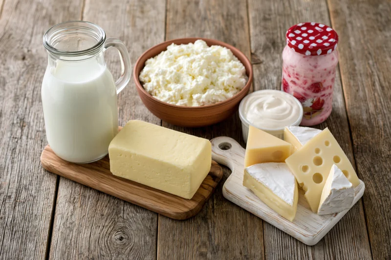 Assorted dairy products arranged on a weathered wooden table