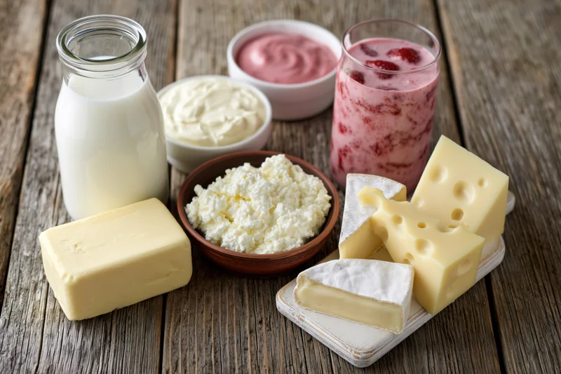 Assorted dairy products arranged on a weathered wooden table