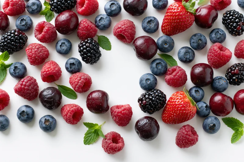 Assorted fresh berries and cherries scattered on white surface with mint leaves