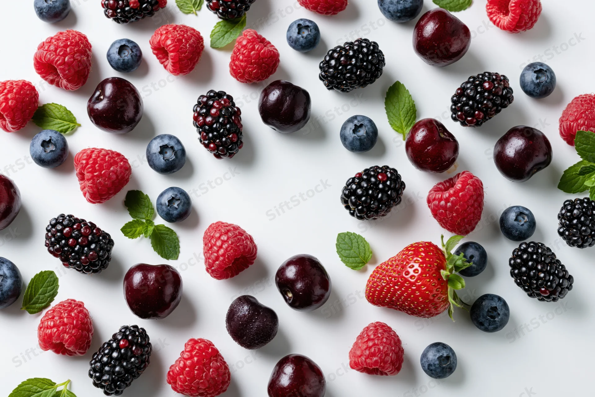Assorted fresh berries and cherries scattered on a white surface with mint leaves