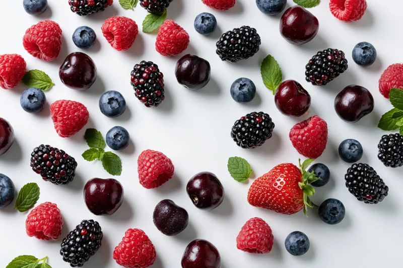 Assorted fresh berries and cherries scattered on a white surface with mint leaves