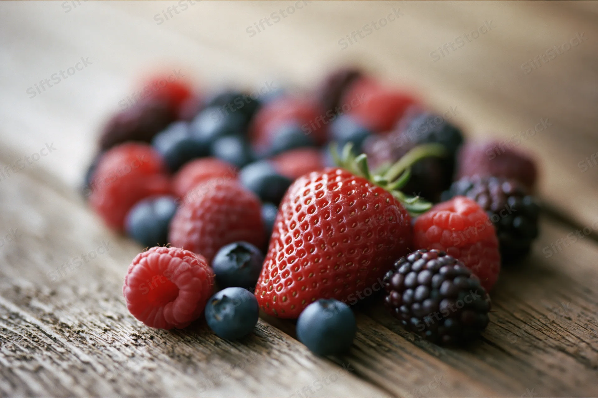 Assorted fresh berries including strawberry, raspberry, blueberry and blackberry arranged on a wooden surface