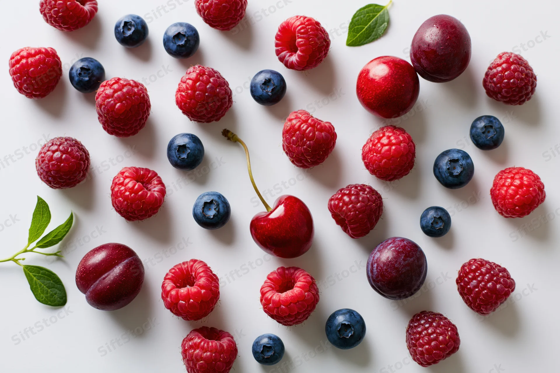 Assorted fresh berries scattered on a white surface in a flat lay arrangement