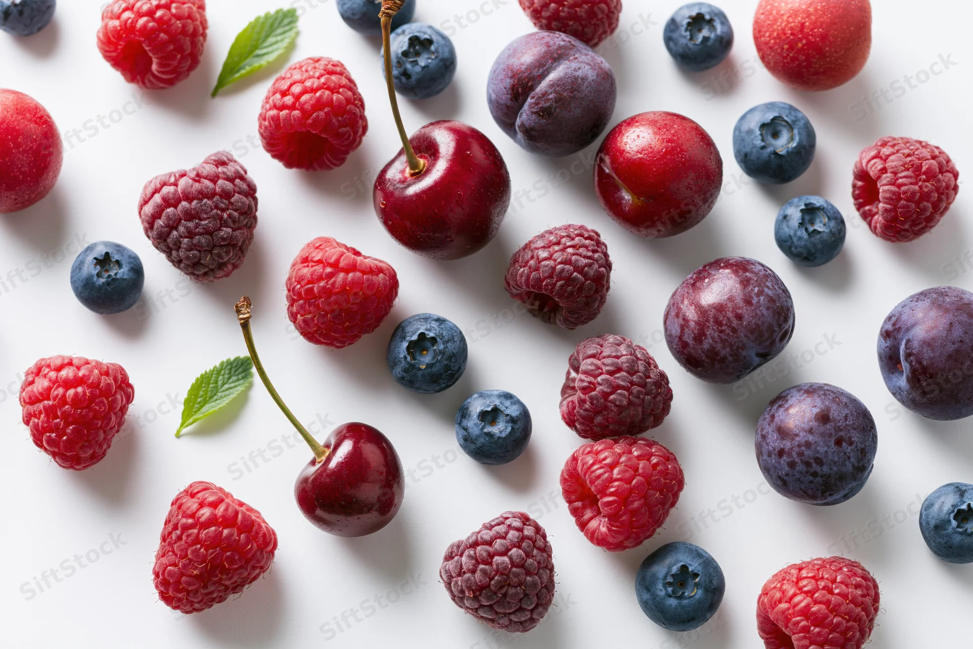 Assorted fresh berries scattered on a white surface in a flat lay arrangement