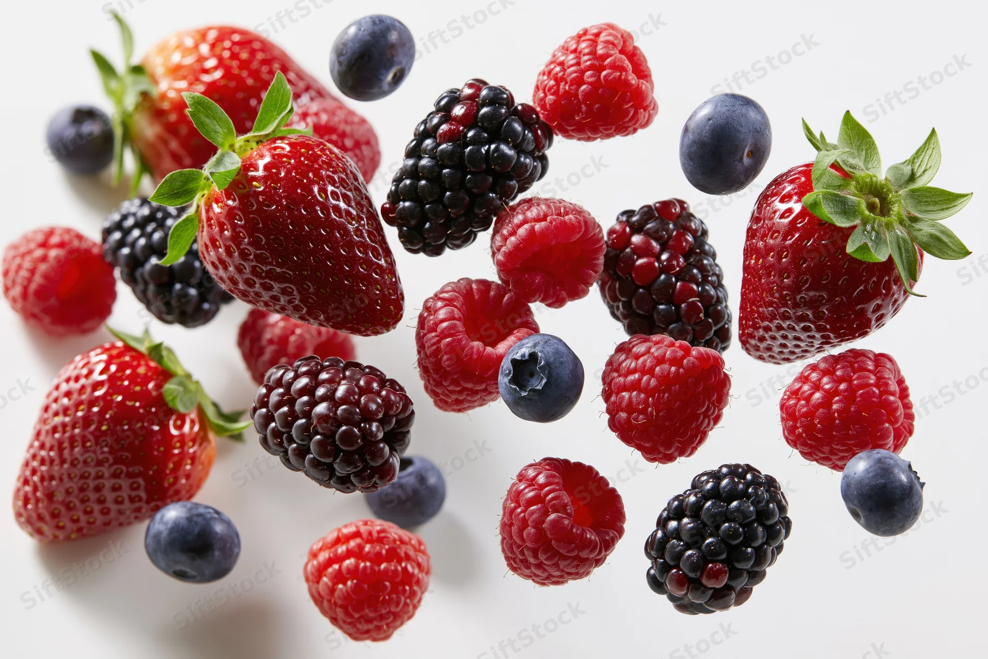 Assorted fresh berries including strawberries raspberries blackberries and blueberries scattered on a white surface