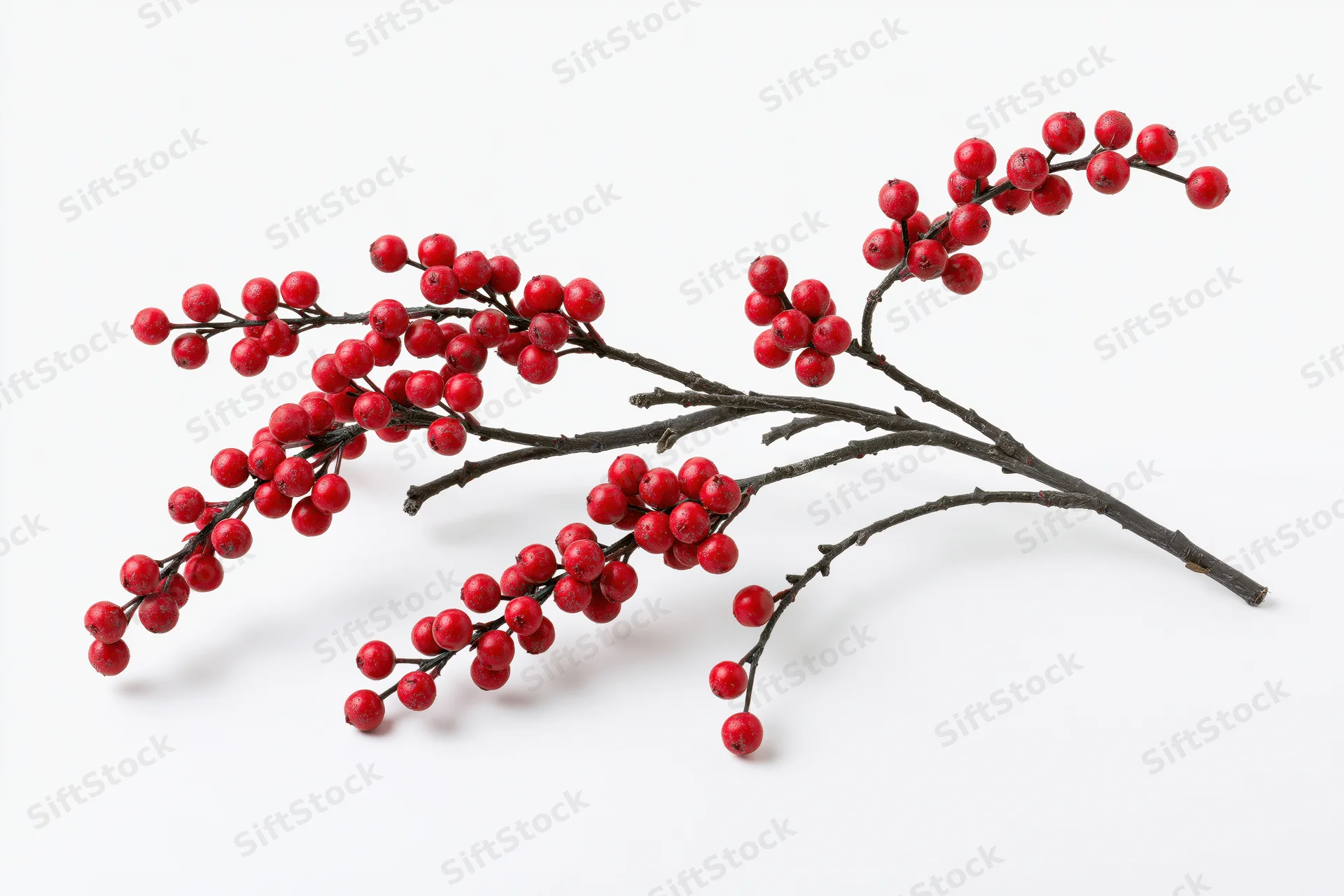 Bare winter branch with clusters of small red berries on white background
