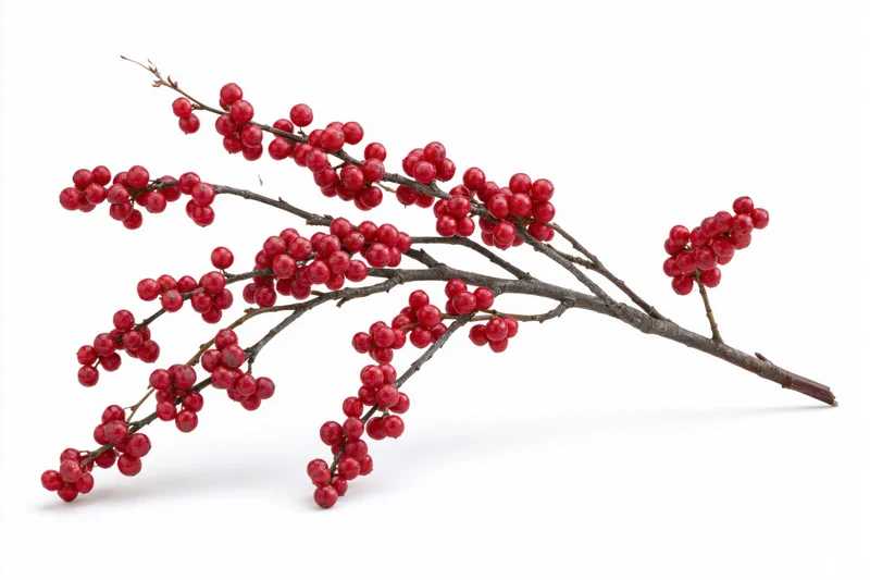 Bare winter branch with clusters of small red berries on white background