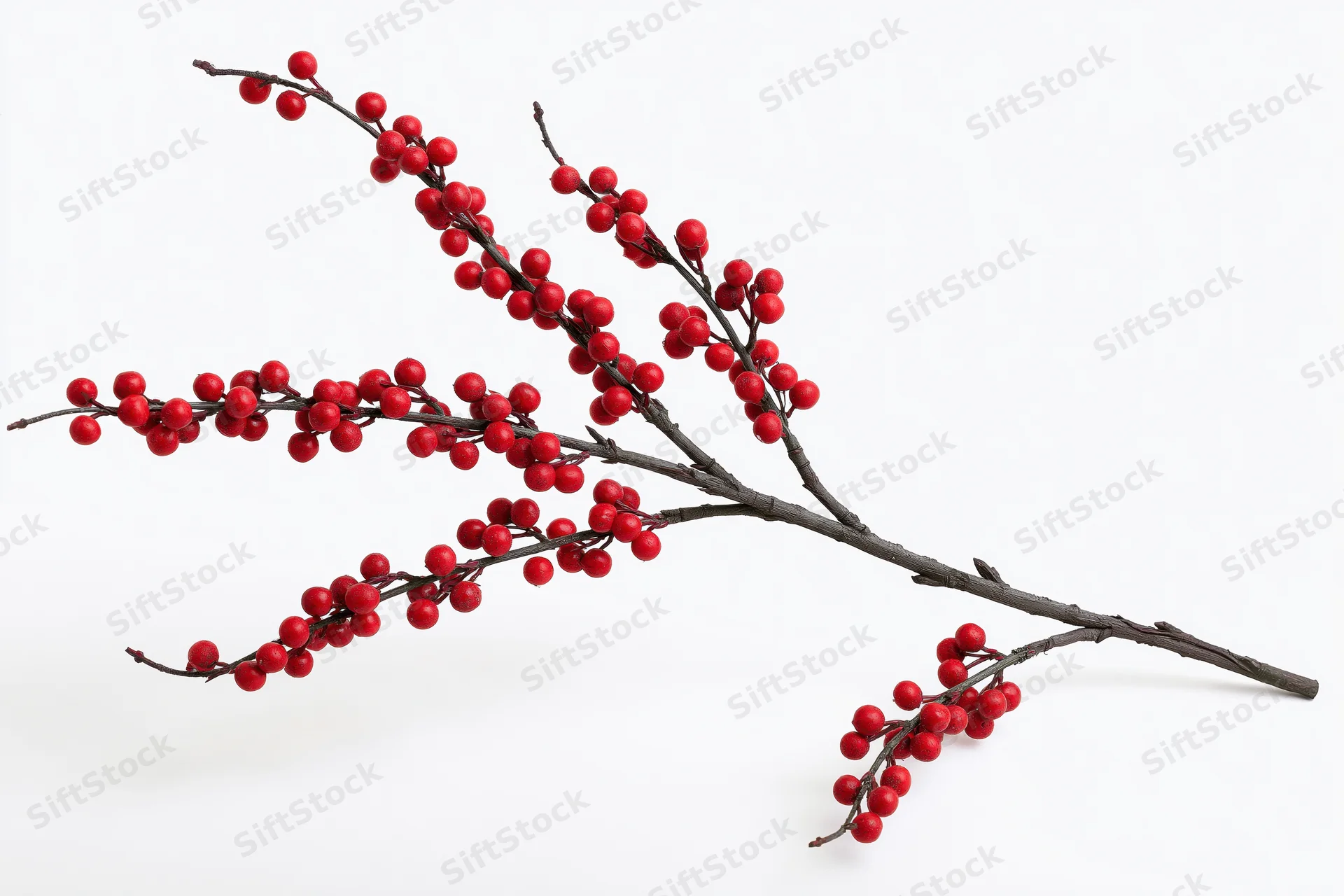 Bare winter branch with clusters of small red berries on white background
