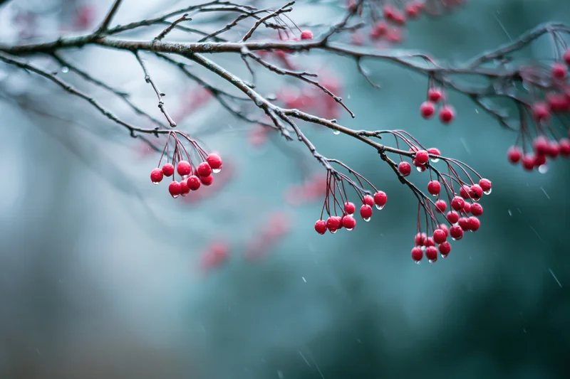 Red berries clustered on bare winter branches in rain