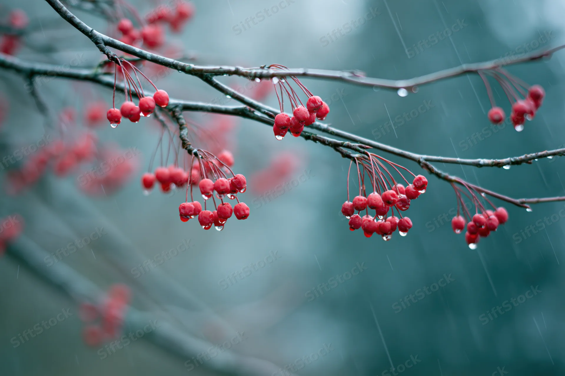 Red berries clustered on bare tree branches in rain