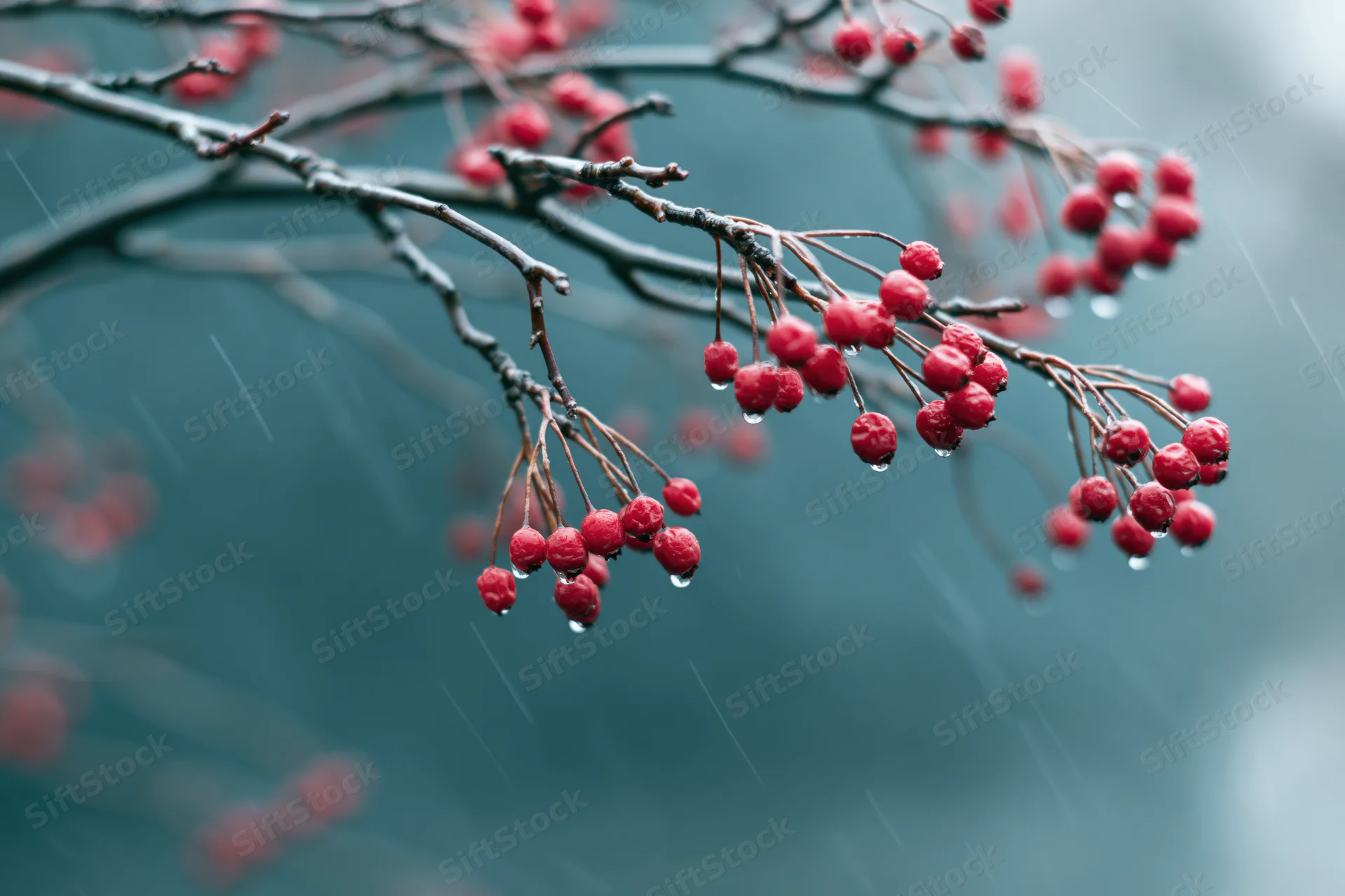 Red berries on bare winter branches in rain