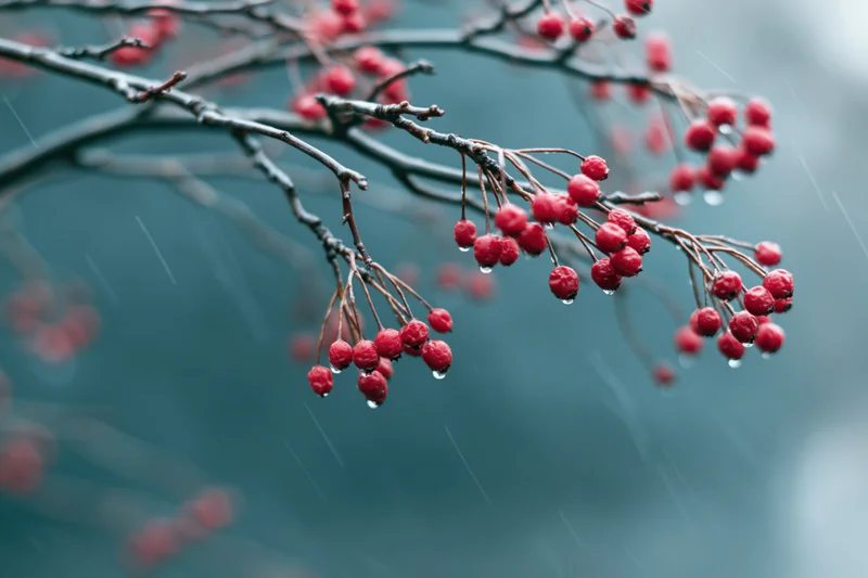 Red berries on bare winter branches in rain