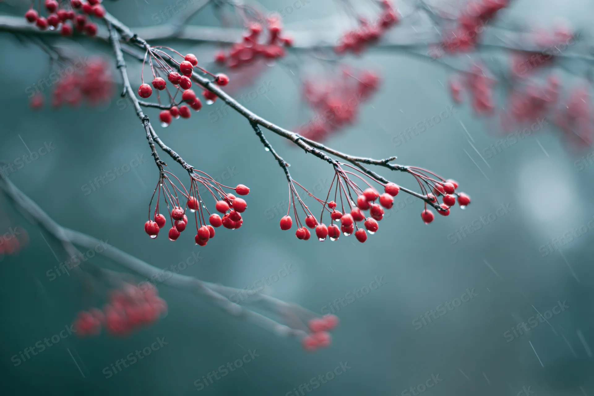 Red berries on bare winter branches in rain