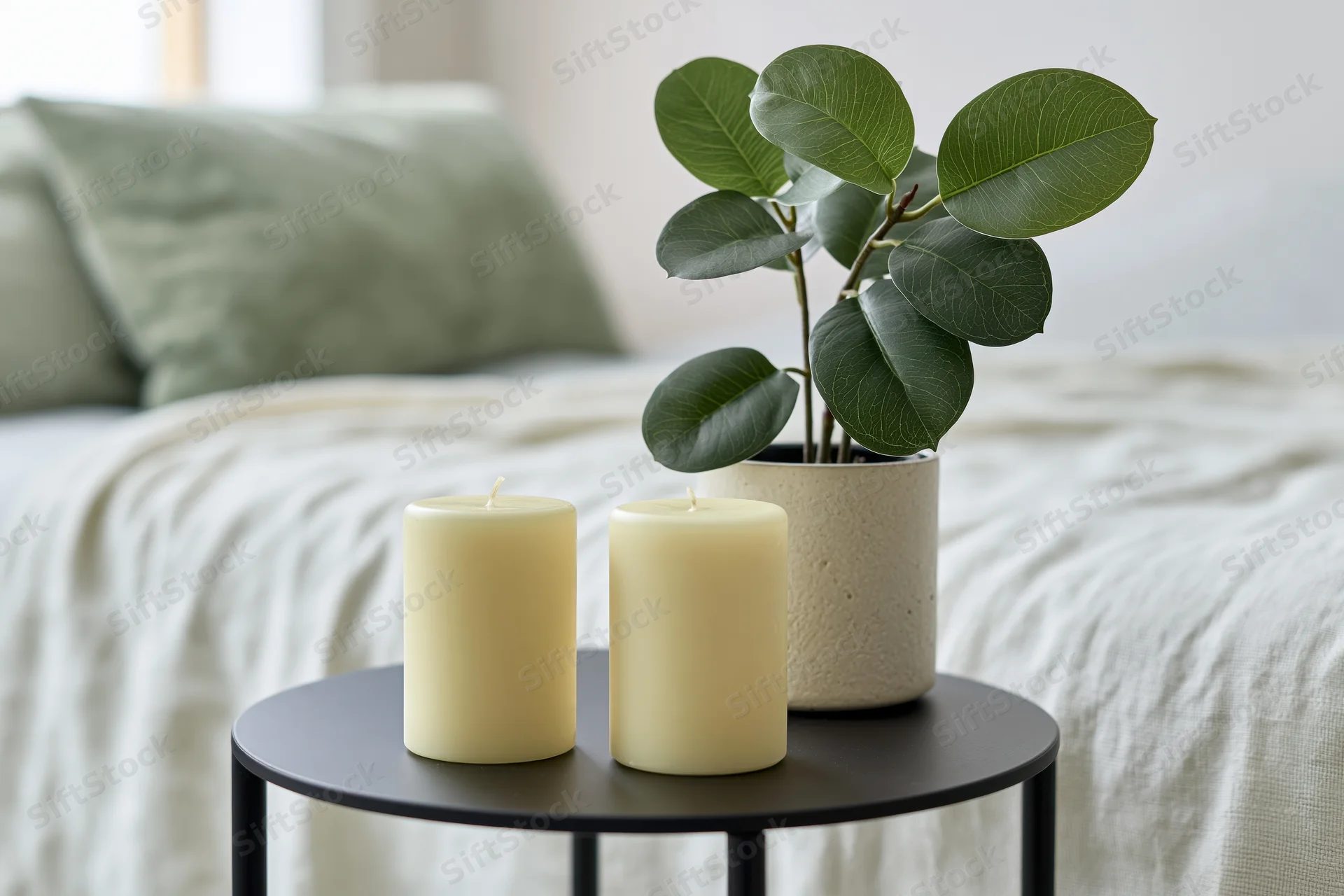 Two candles and a potted plant on a black side table beside a bed