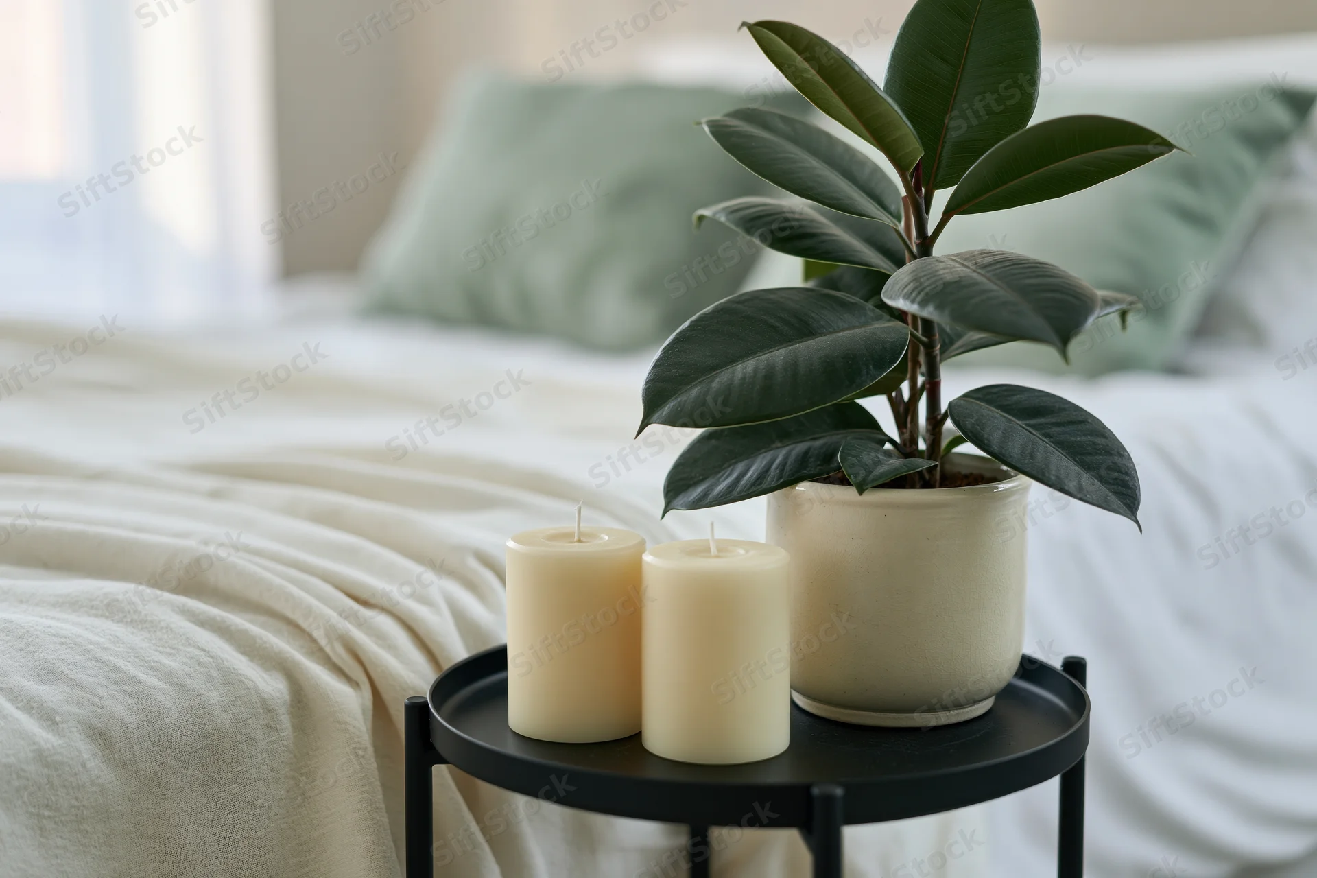 Small black side table with potted plant and two candles beside a bed with white bedding and green pillows