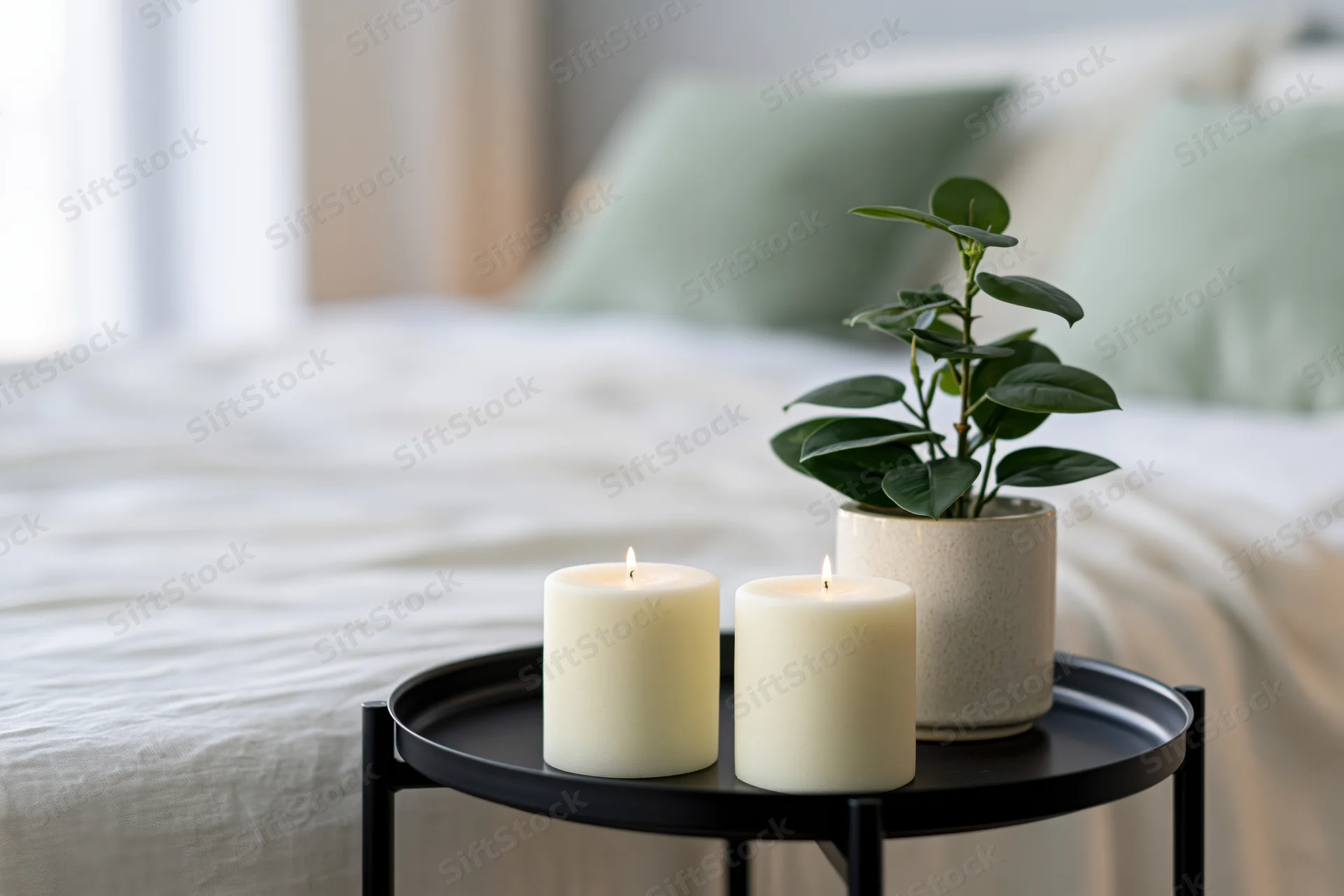 Two lit candles and a potted plant on a black side table beside a bed