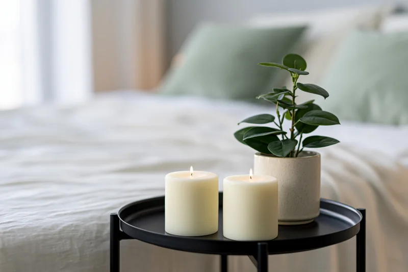 Two lit candles and a potted plant on a black side table beside a bed