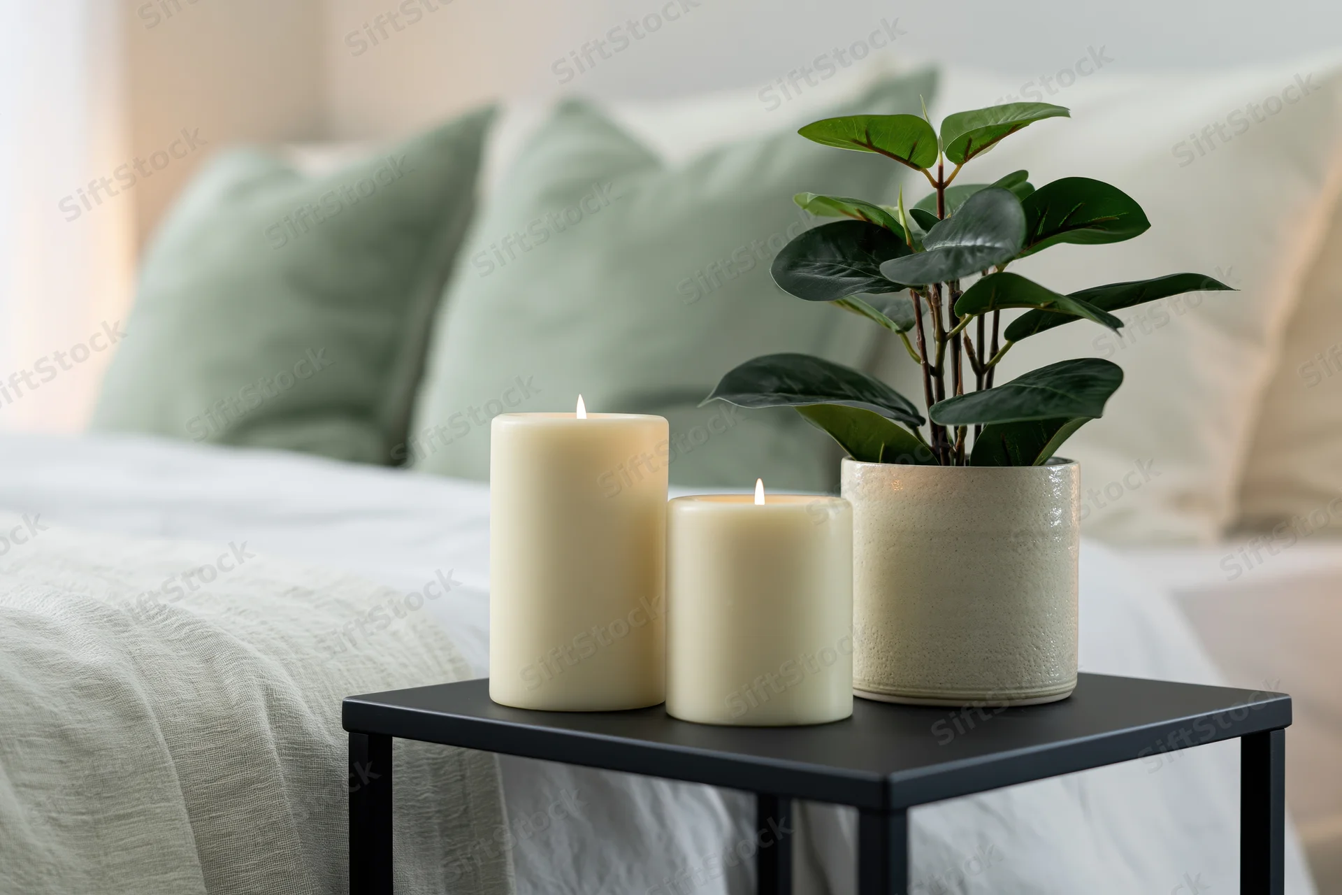 Two lit candles and a potted fiddle leaf fig on a black side table beside a bed with green and white pillows