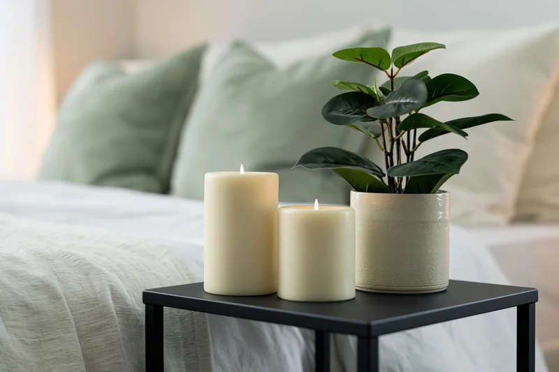 Two lit candles and a potted fiddle leaf fig on a black side table beside a bed with green and white pillows
