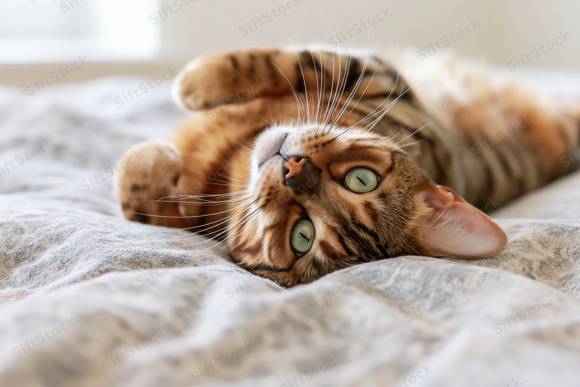 Bengal tabby cat lying on its back on a bed with head tilted up, eyes open, resting on a soft blanket