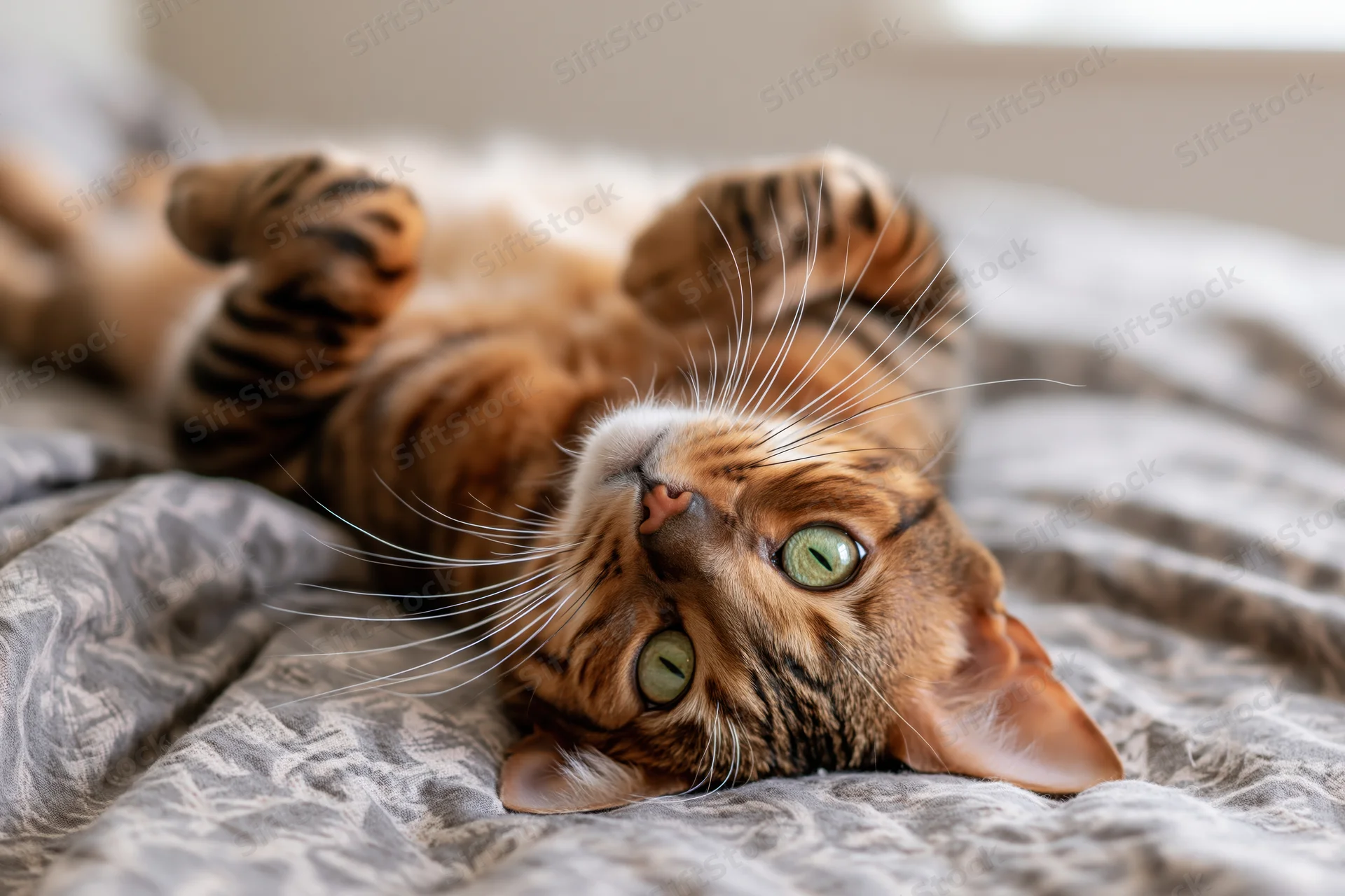 Bengal tabby cat lying on its back on a bed with head tilted up, green eyes visible, resting on gray blanket