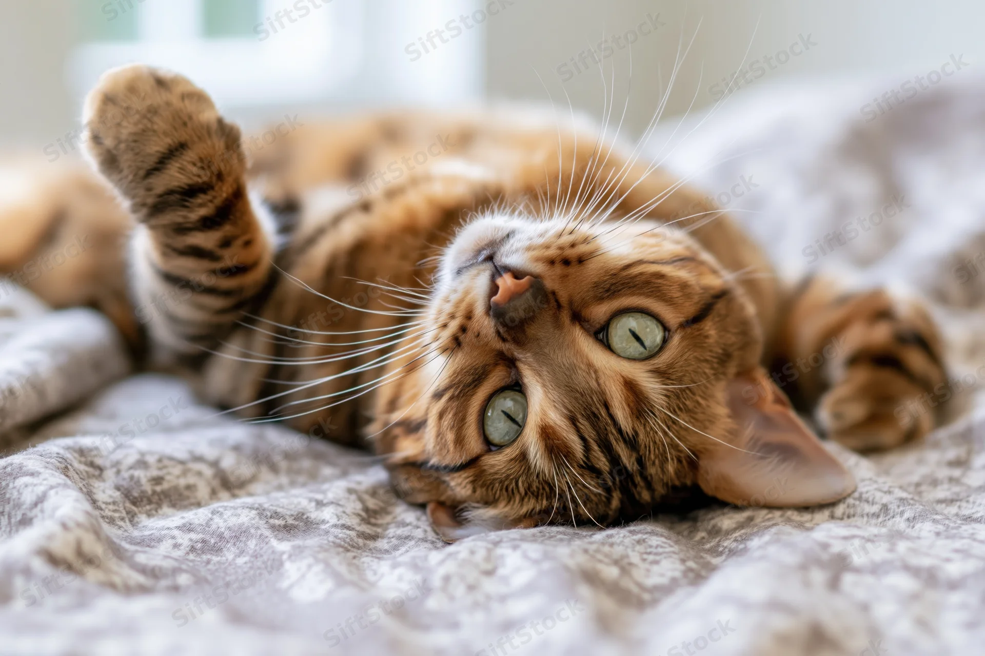 Bengal tabby cat lying on its back on a bed with head tilted up, eyes open, resting on a soft blanket