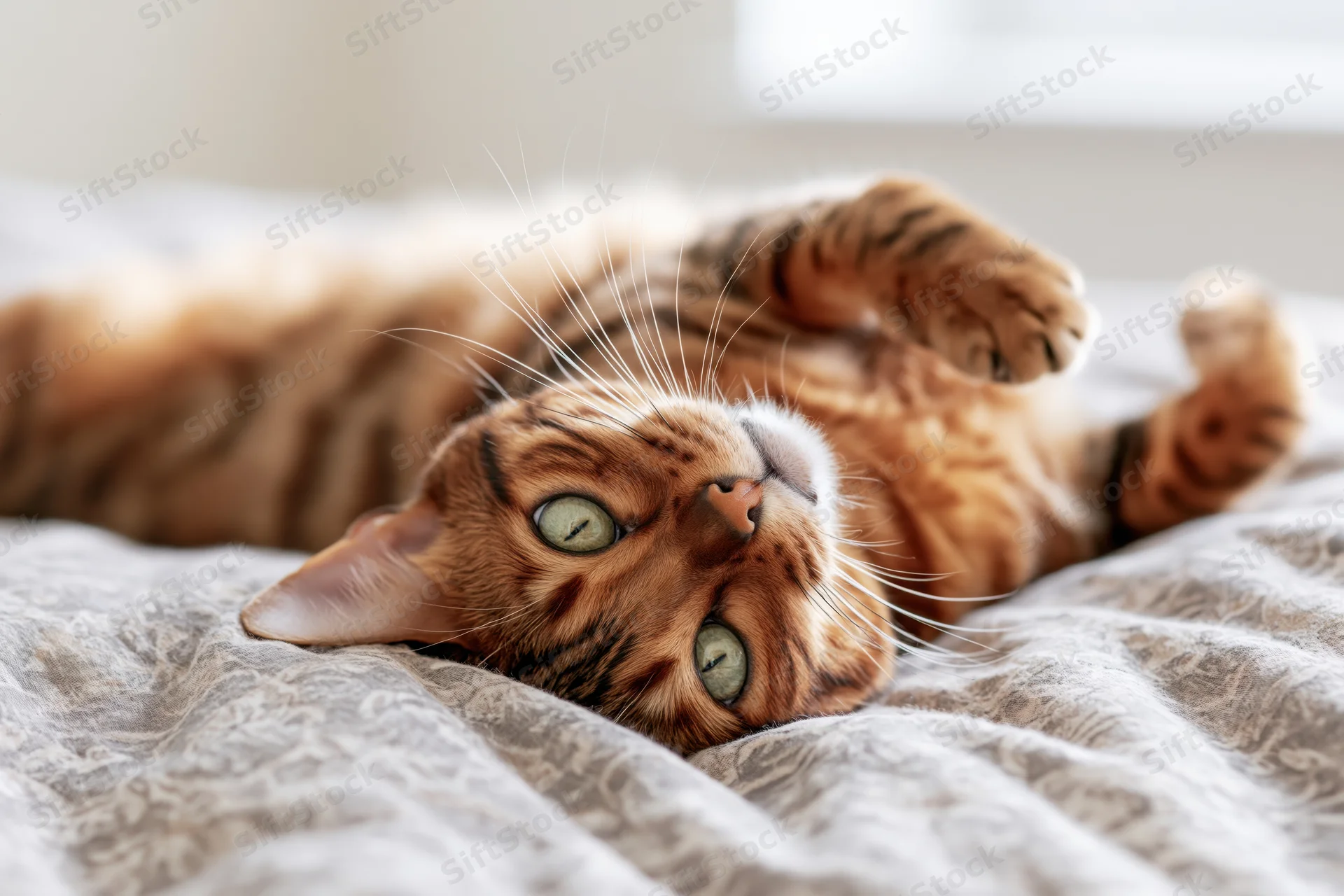 Bengal tabby cat lying on its back on a bed with head tilted up, eyes open, resting on a soft blanket