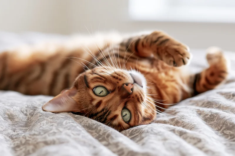Bengal tabby cat lying on its back on a bed with head tilted up, eyes open, resting on a soft blanket
