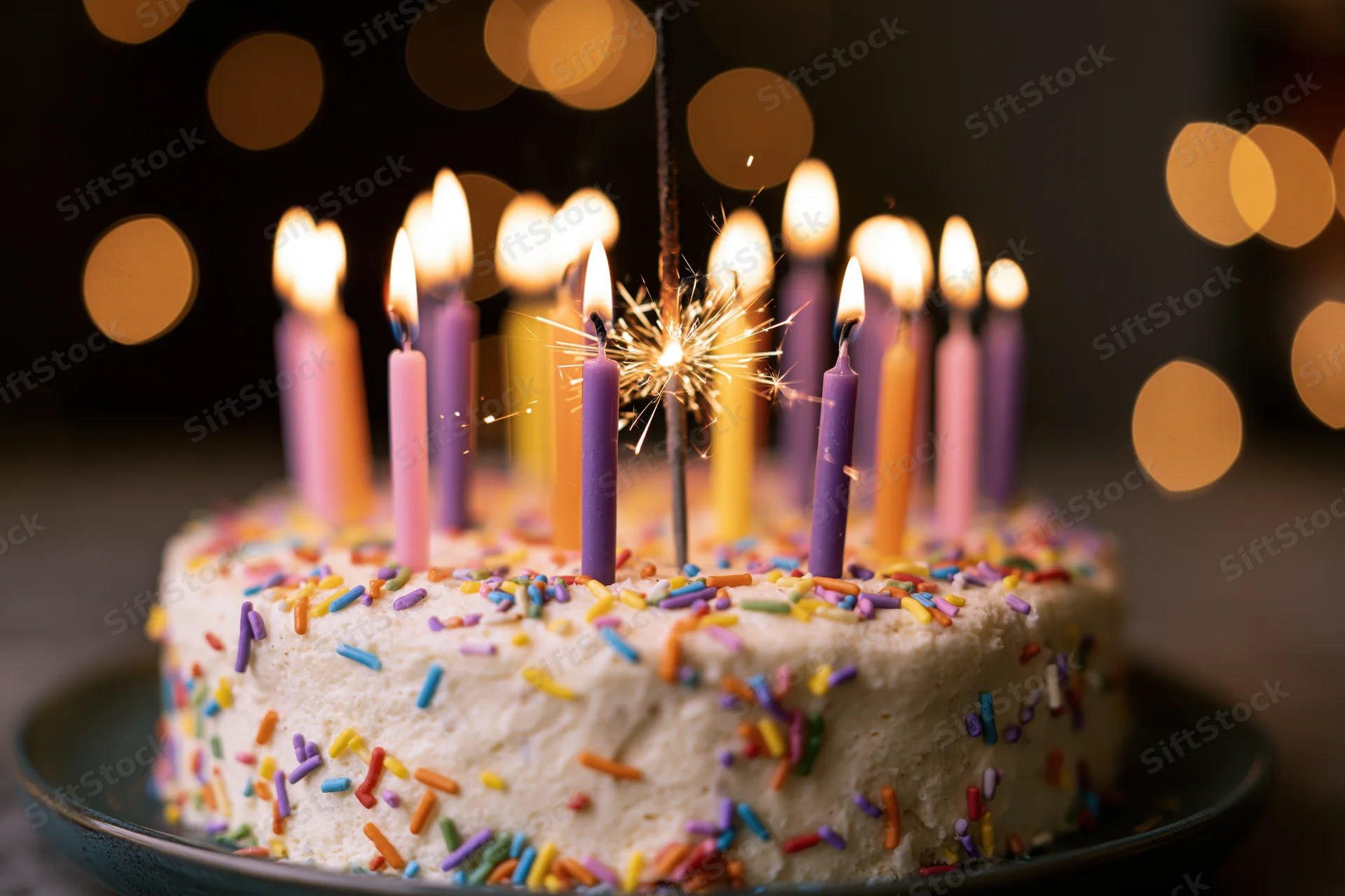Birthday cake with lit candles and sparkler on plate against bokeh lights
