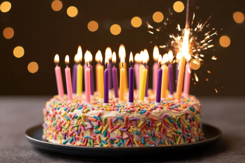 Birthday cake with lit colorful candles and sparkler on dark surface with bokeh lights