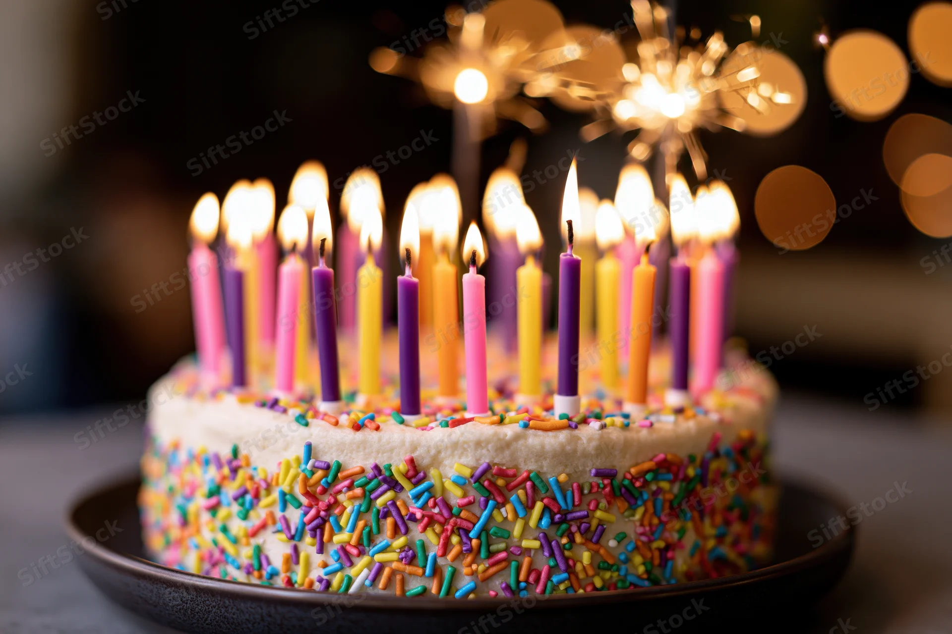Birthday cake with lit colorful candles and sparklers on a plate, surrounded by warm bokeh lights