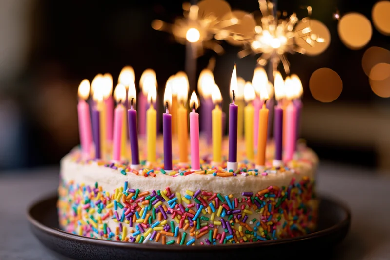 Birthday cake with lit colorful candles and sparklers on a plate, surrounded by warm bokeh lights