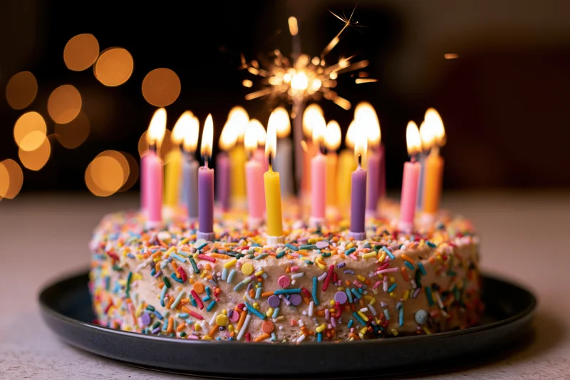 Birthday cake with lit candles and sparkler on a plate