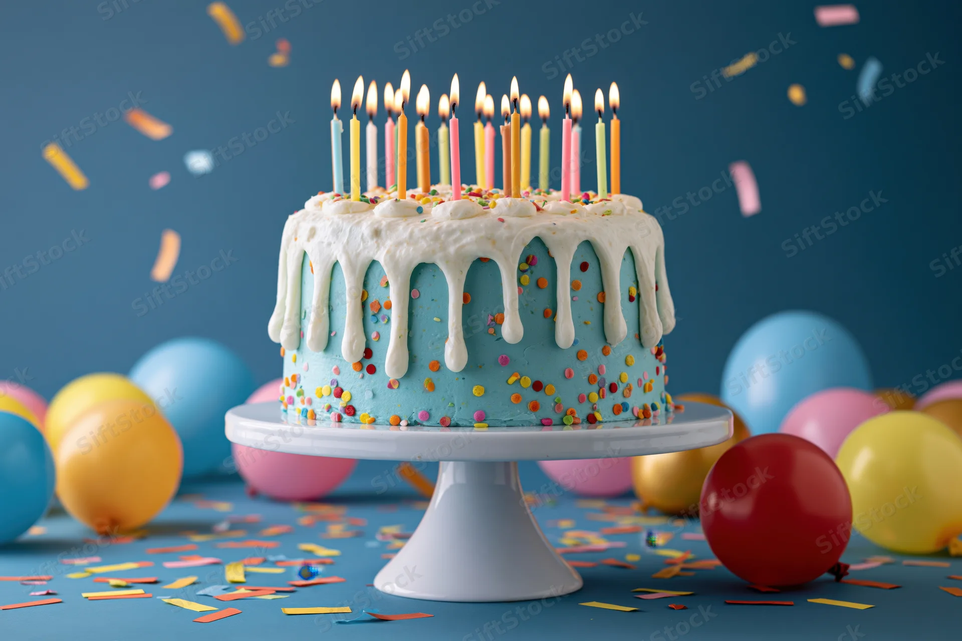 Birthday cake with lit candles and sprinkles on a white pedestal stand surrounded by balloons and confetti