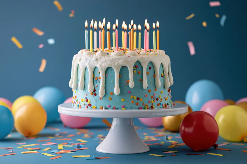 Birthday cake with lit candles and sprinkles on a white pedestal stand surrounded by balloons and confetti
