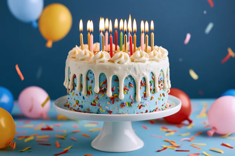 Blue birthday cake with lit candles and sprinkles on white pedestal surrounded by balloons and confetti