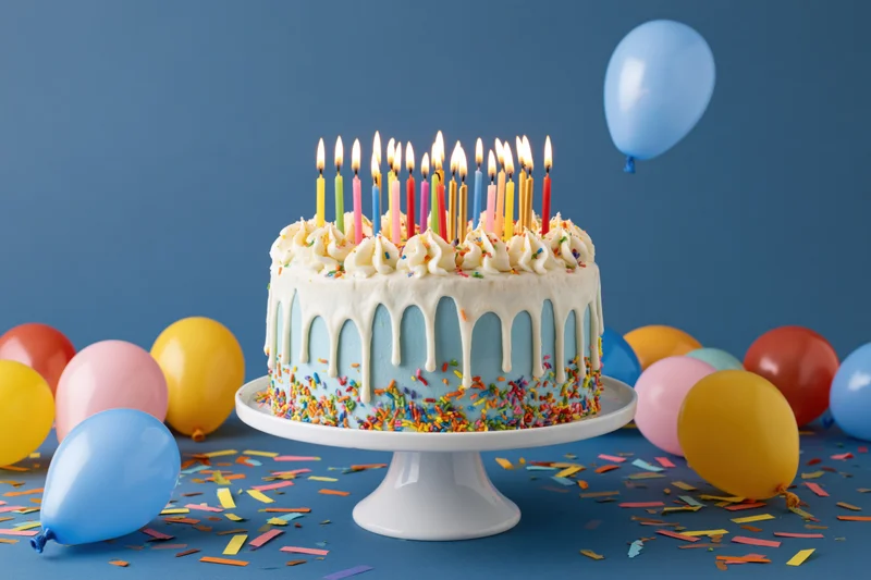 Birthday cake with lit candles and colorful balloons on a white pedestal stand surrounded by confetti