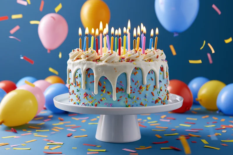 Birthday cake with lit candles and sprinkles on a white pedestal stand surrounded by balloons and confetti