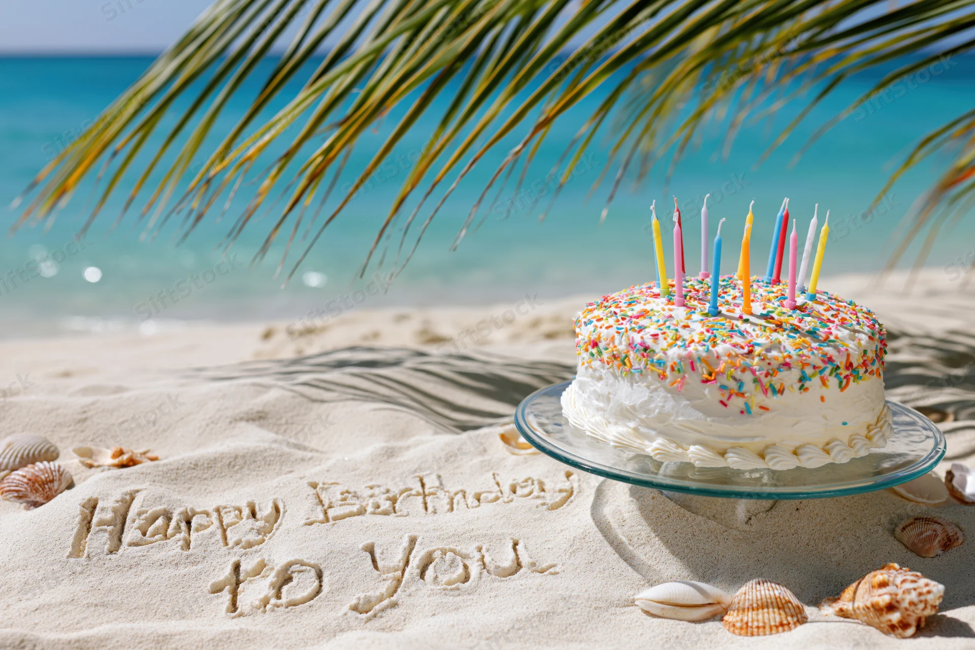 Birthday cake with colorful candles on glass stand on sandy beach near ocean, palm fronds overhead, "happy birthday to you" written in sand, seashells scattered around