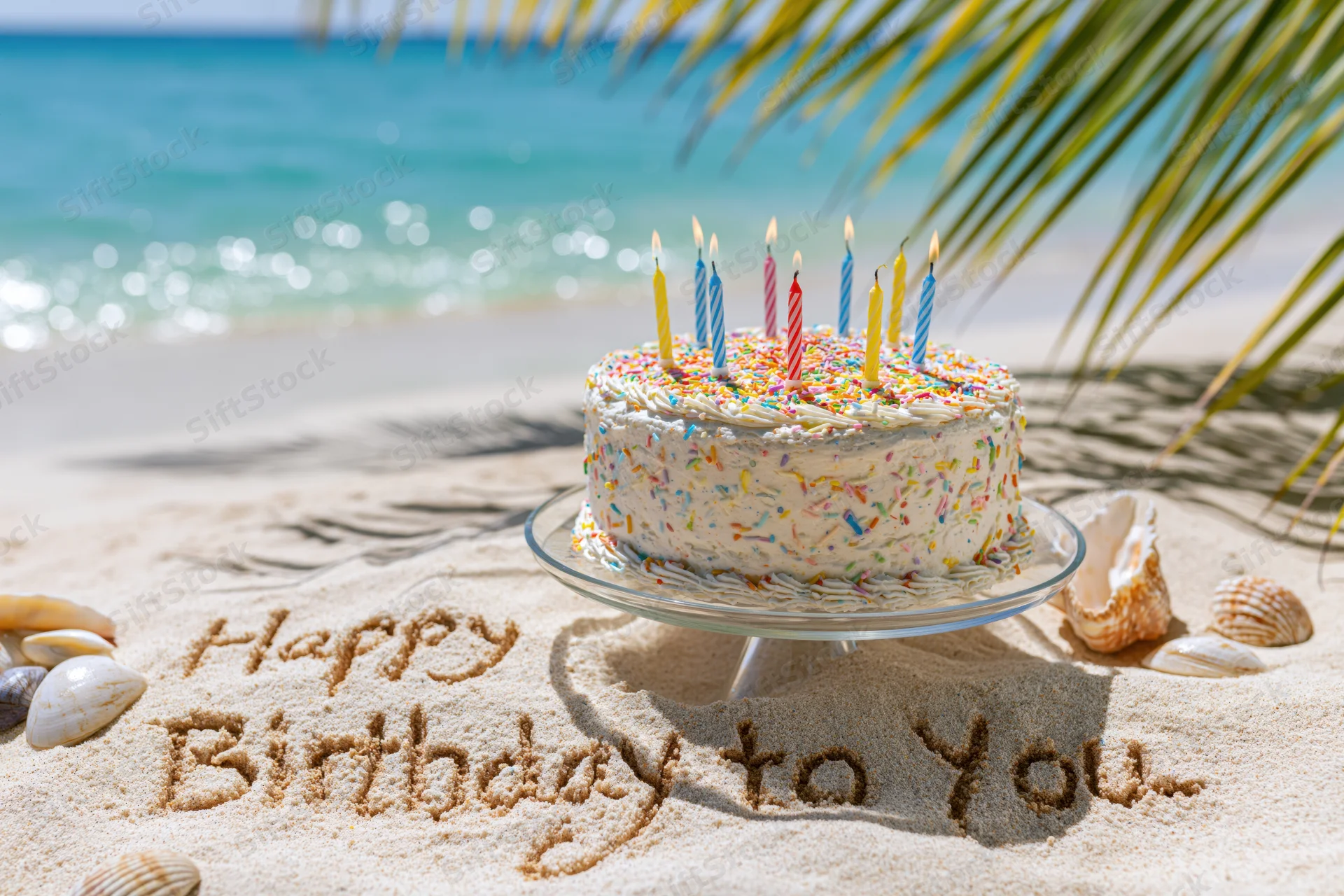 Birthday cake with lit candles on glass stand on sandy beach near ocean, surrounded by seashells and palm fronds, with "happy birthday to you" written in sand