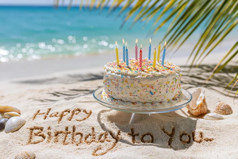 Birthday cake with lit candles on glass stand on sandy beach near ocean, surrounded by seashells and palm fronds, with "happy birthday to you" written in sand