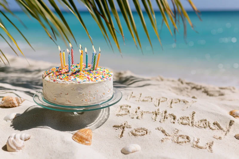 Birthday cake with colorful candles on glass stand on sandy beach, "happy birthday to you" written in sand, palm fronds overhead, ocean in background