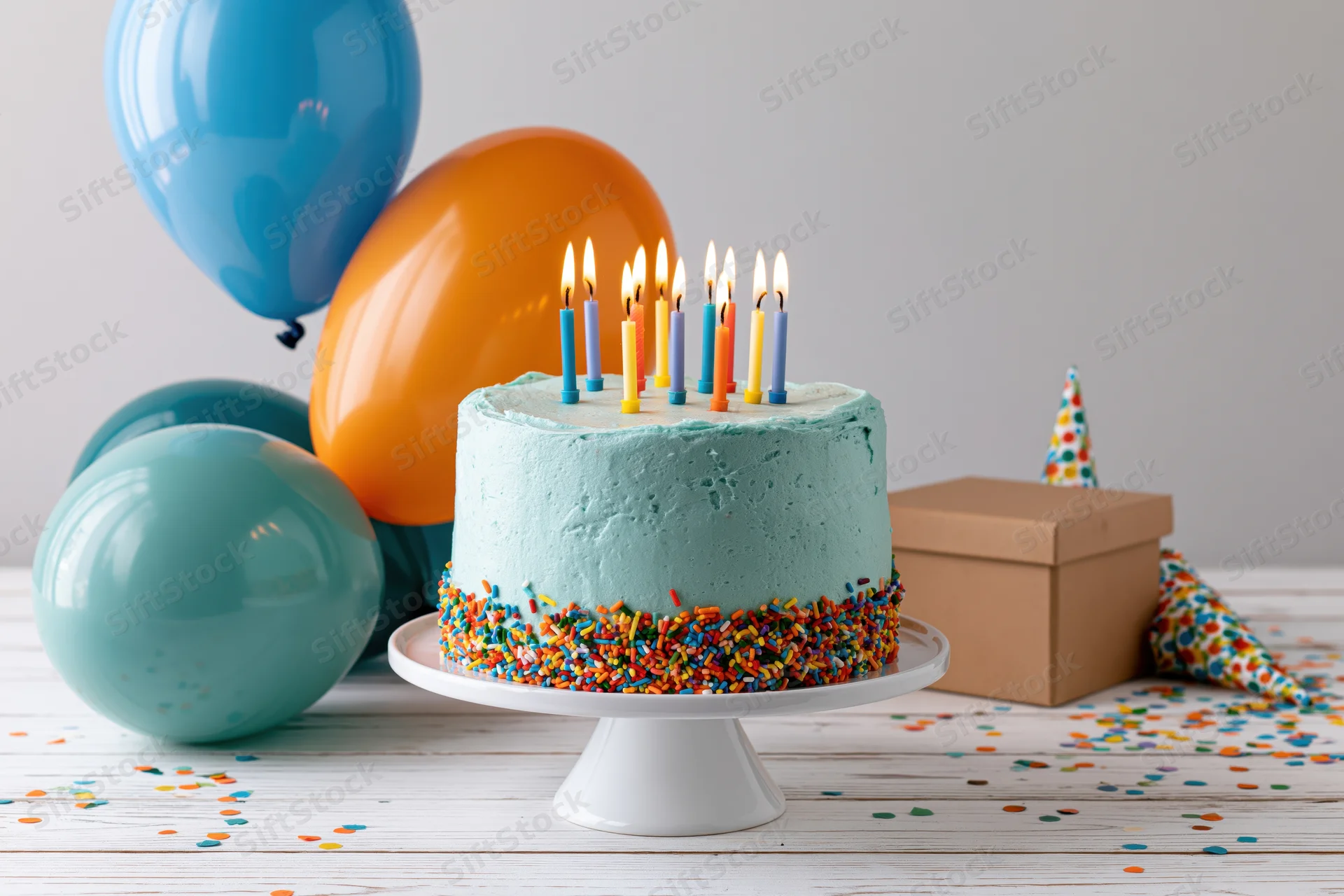 Birthday cake with lit colorful candles on a white cake stand surrounded by balloons and party decorations on a wooden table