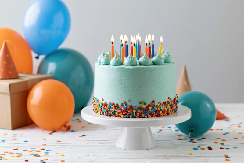 Birthday cake with lit colorful candles on a white cake stand surrounded by balloons and confetti